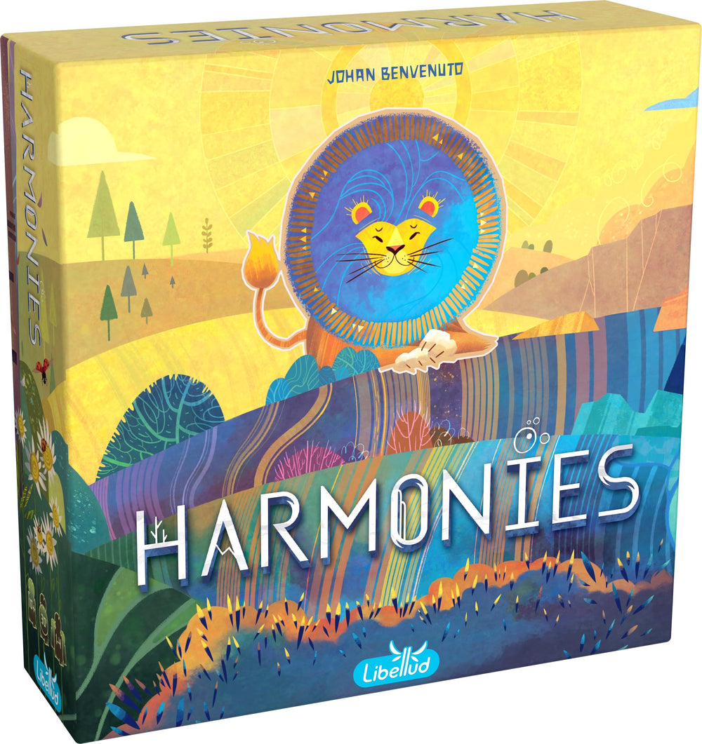 Asmodee box front showing Harmonies artwork and compact box benefit