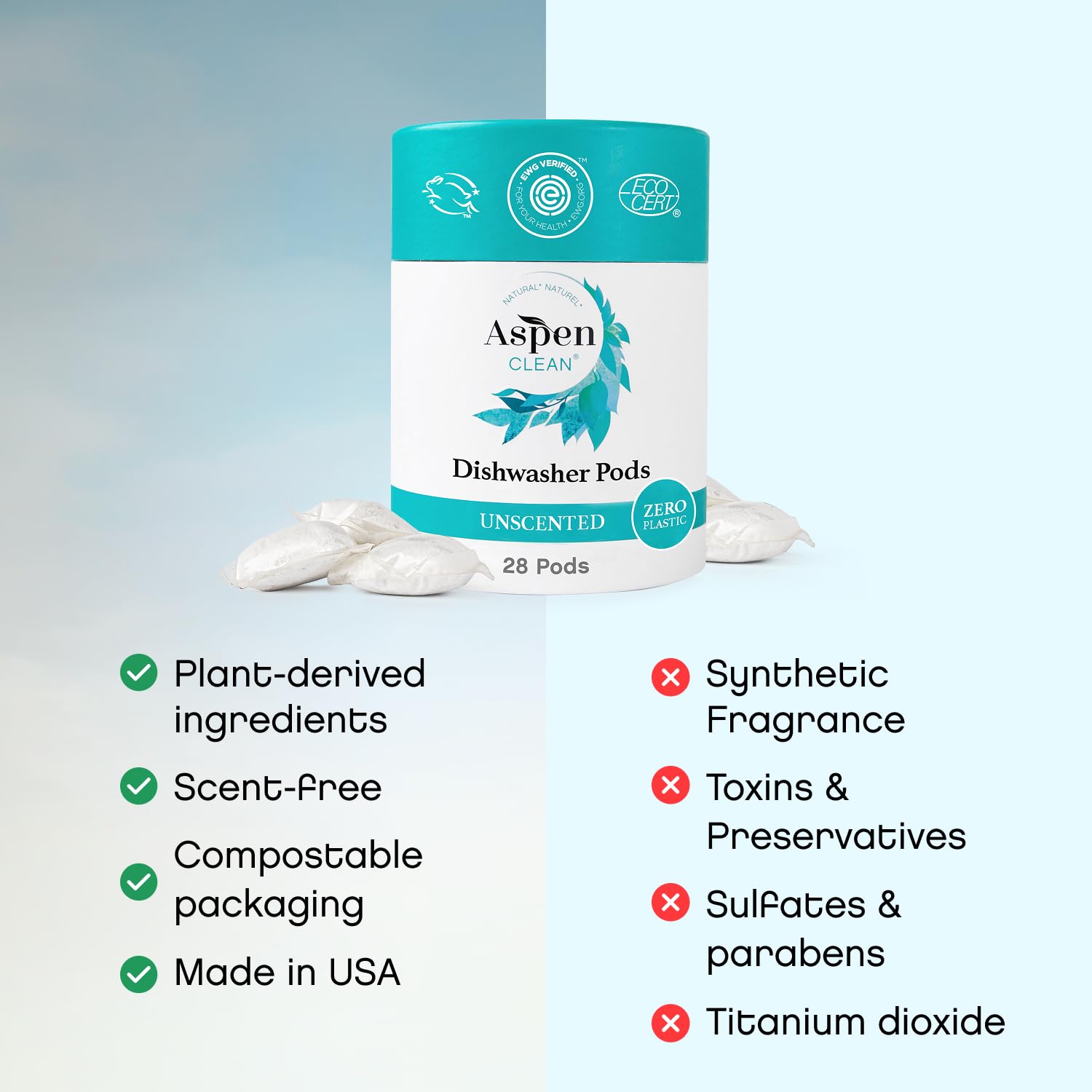 Spotless plates and glassware after AspenClean pods for clear shine