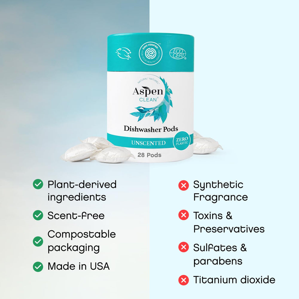 Spotless plates and glassware after AspenClean pods for clear shine
