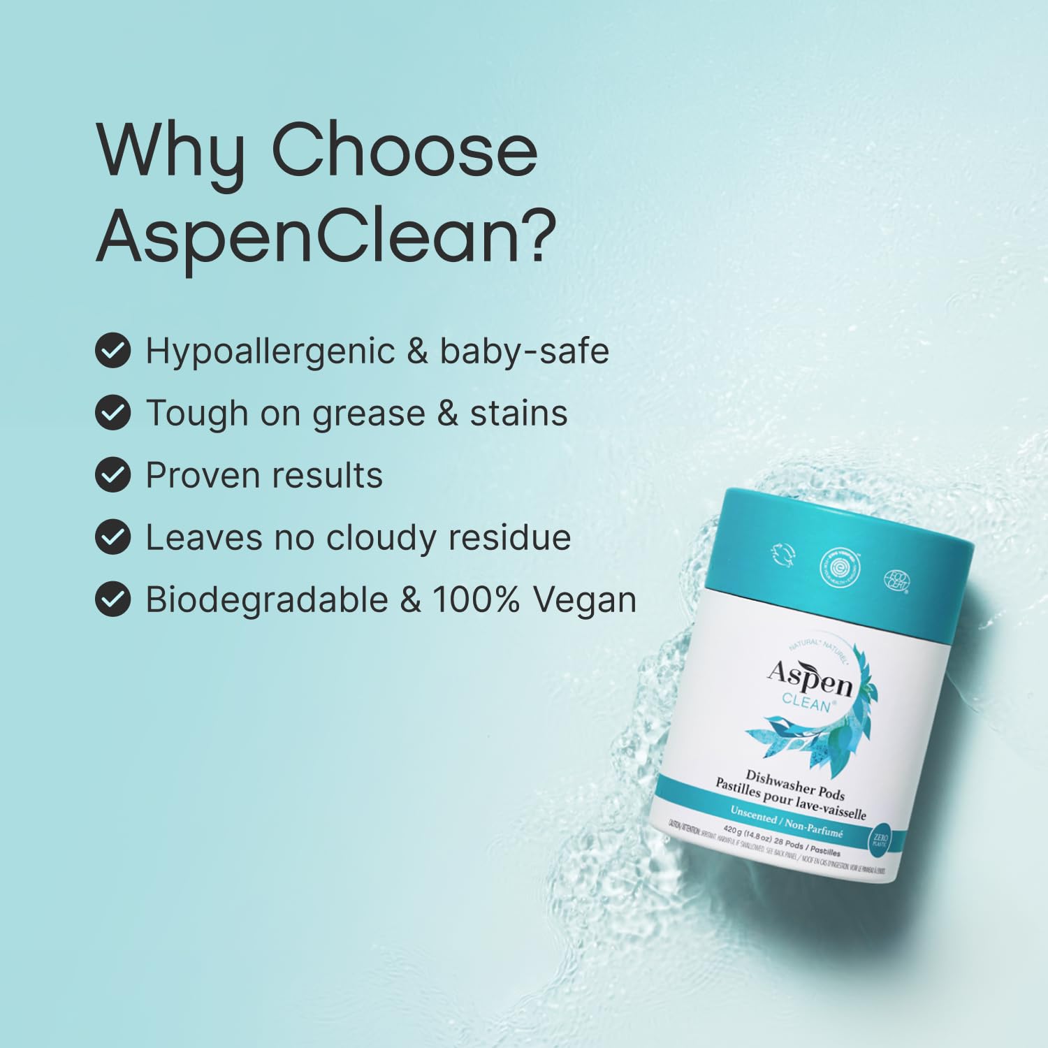AspenClean pod placed in dishwasher dispenser for convenient dosing