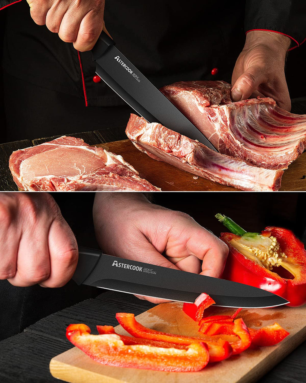Astercook bread and santoku knives in use for clean slicing and versatility