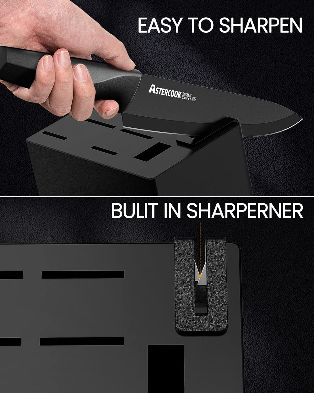 Astercook built-in sharpener closeup showing quick maintenance convenience