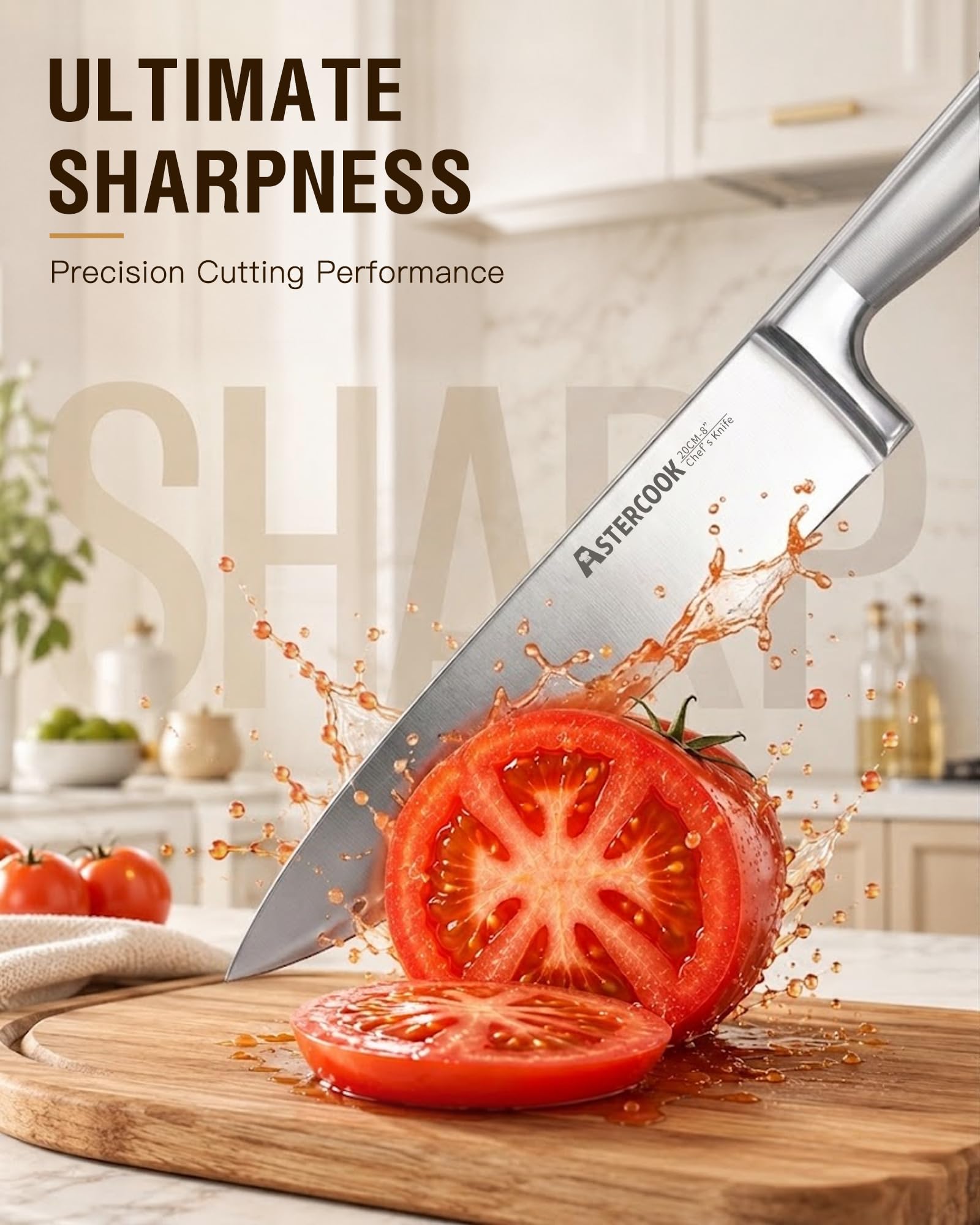 Astercook blade edge close-up highlighting German steel precision and clean cuts