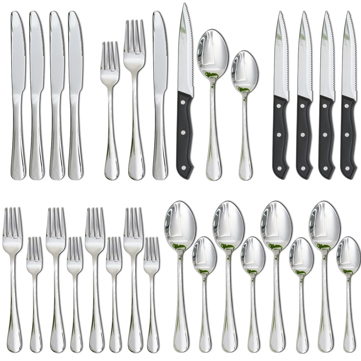 Astercook full flatware set front view showing all 24 pieces and balanced design benefit