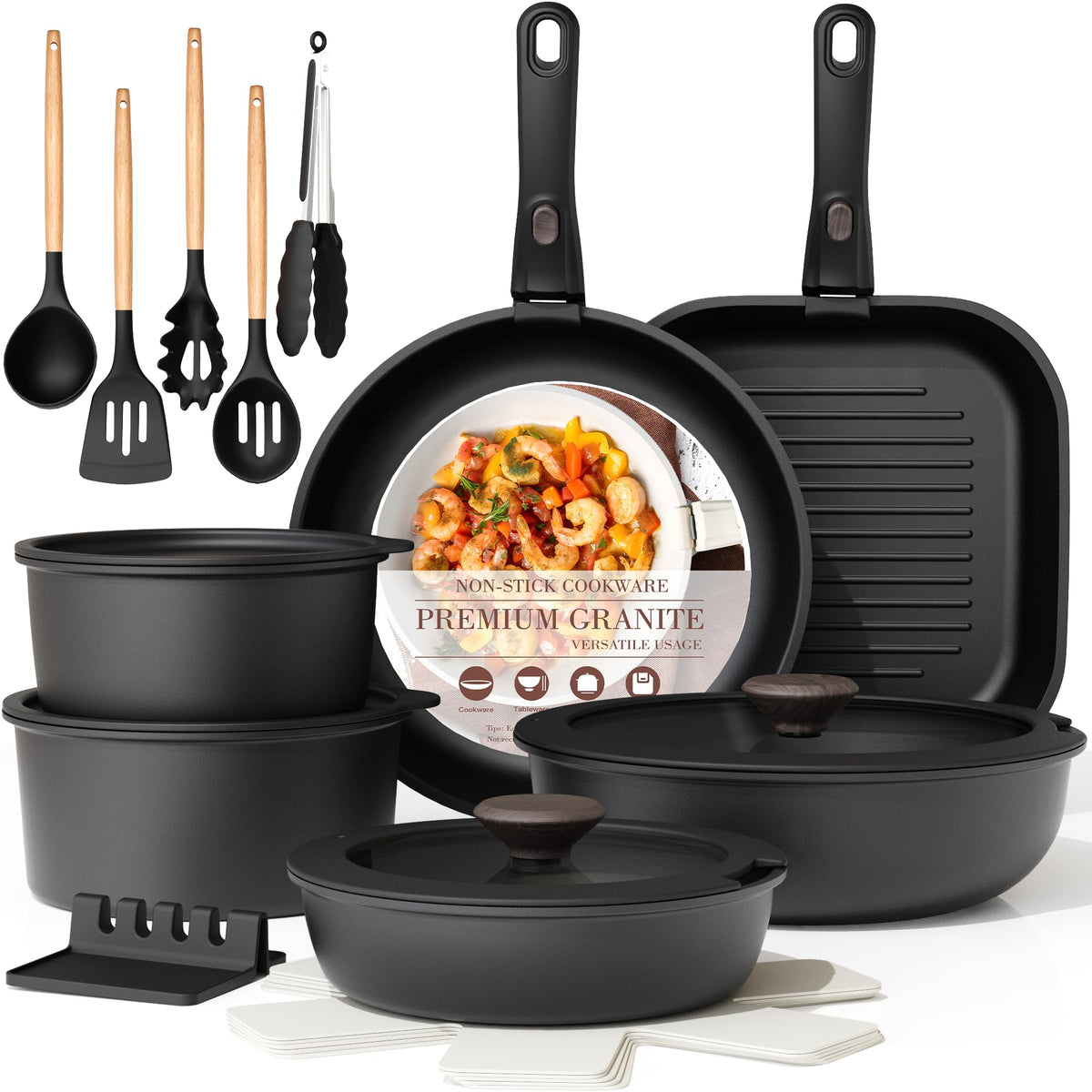Astercook full cookware set front view showing all pieces and lids benefit compact organization