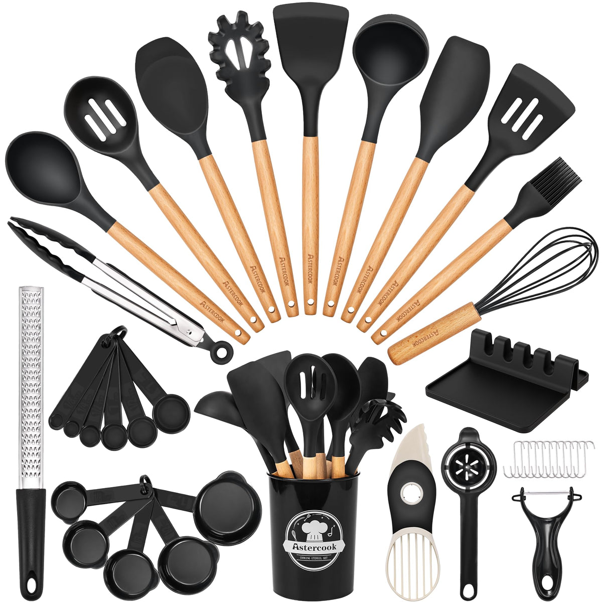 Astercook front packaging showing the full 39-piece set and organized layout benefit