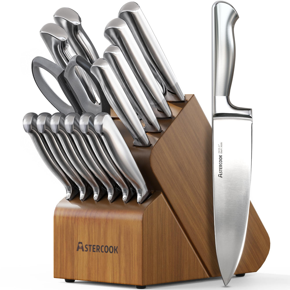 Astercook front view with block and knives showing organized countertop convenience