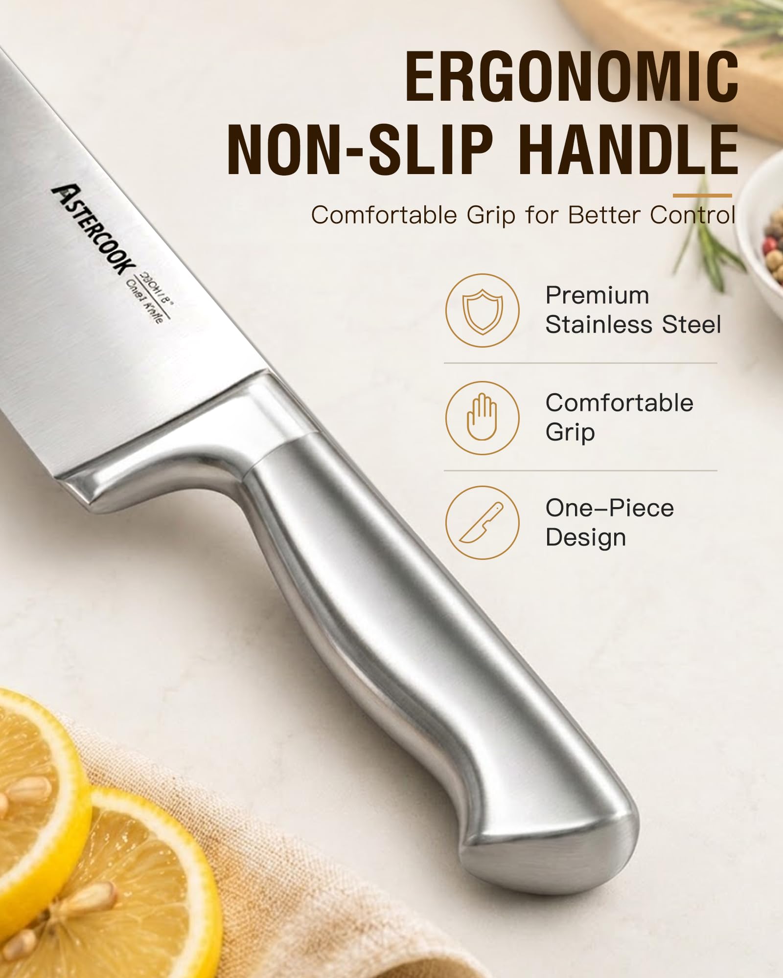 Astercook ergonomic handle close-up showing secure anti-slip grip benefit
