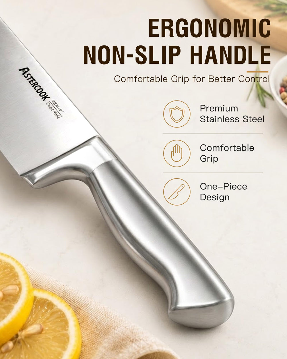 Astercook ergonomic handle close-up showing secure anti-slip grip benefit
