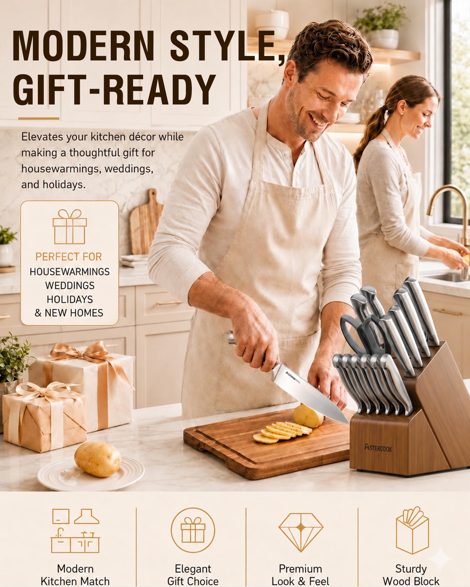 Astercook kitchen shears and utility knife arranged for versatile everyday tasks