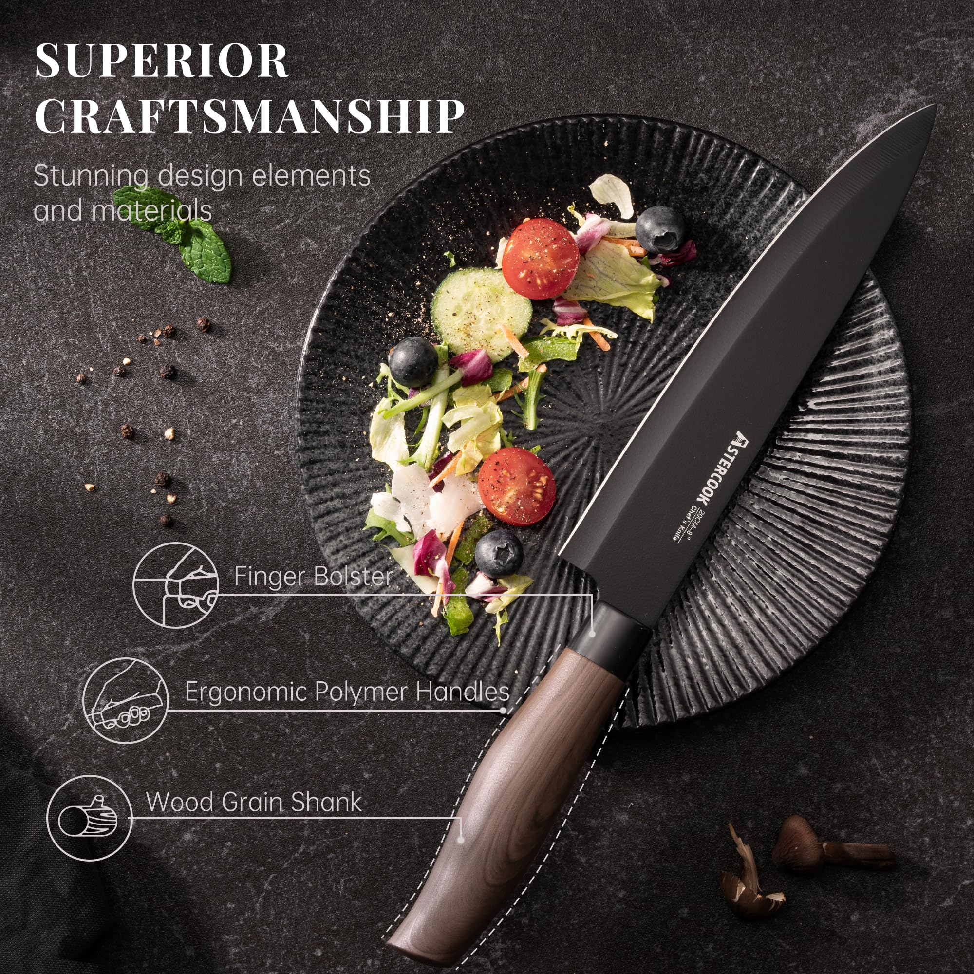 Astercook knives on cutting board illustrating balanced blades for everyday prep