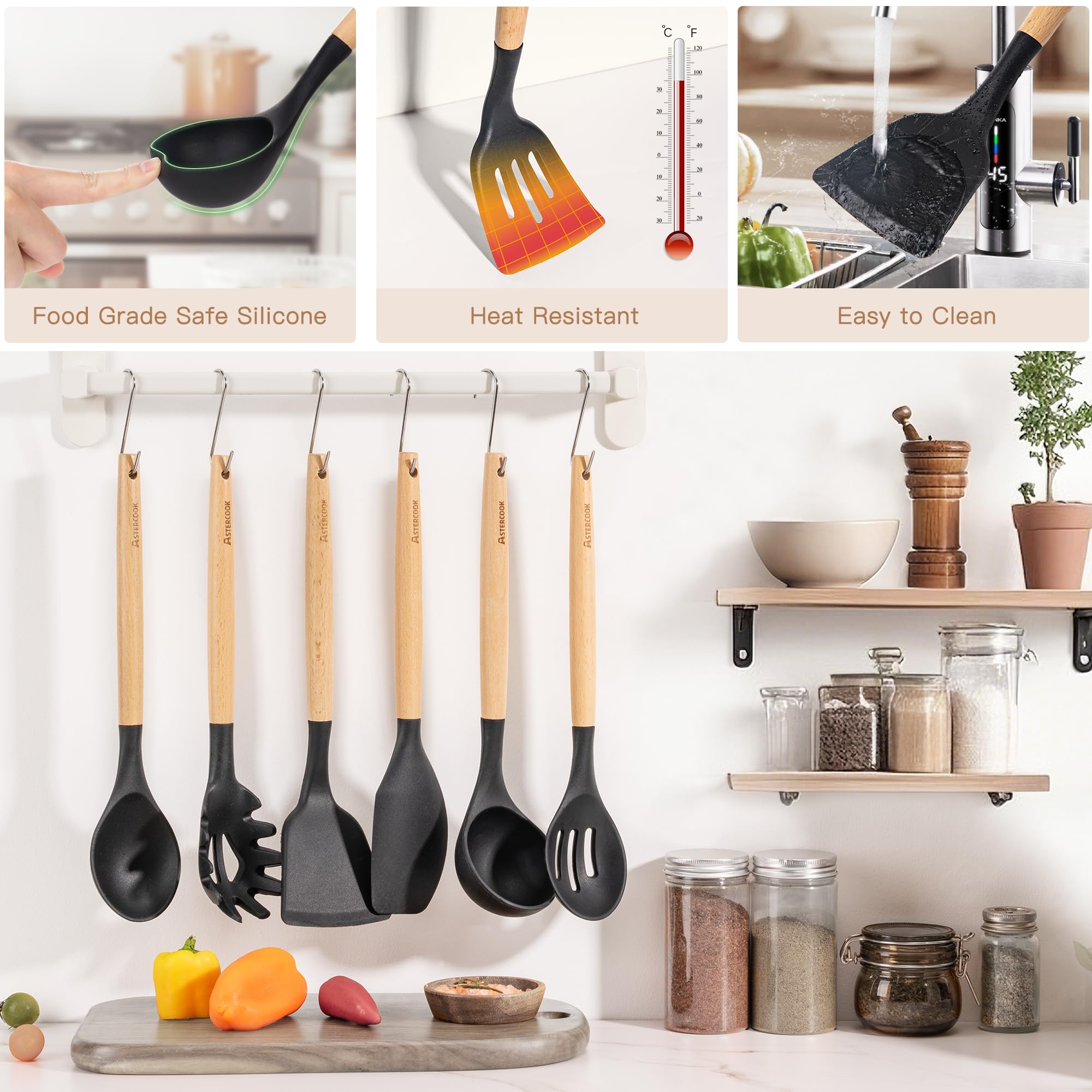 Astercook silicone brush and ladle highlighting precise basting and serving benefit