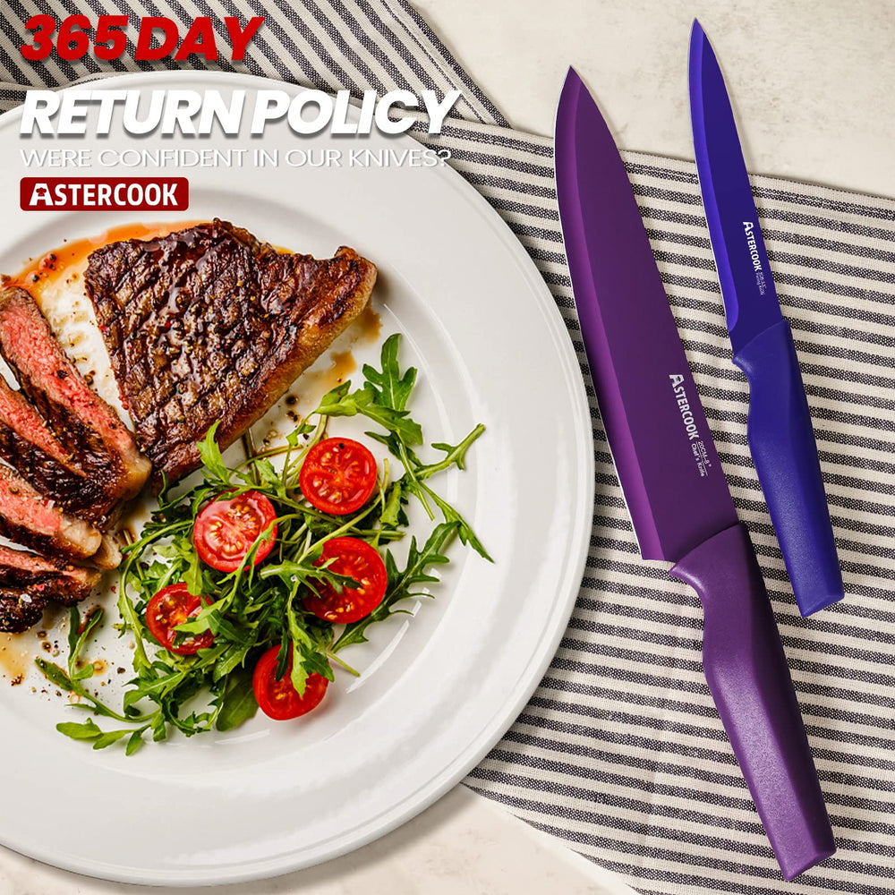 Astercook knives next to common kitchen items for size reference