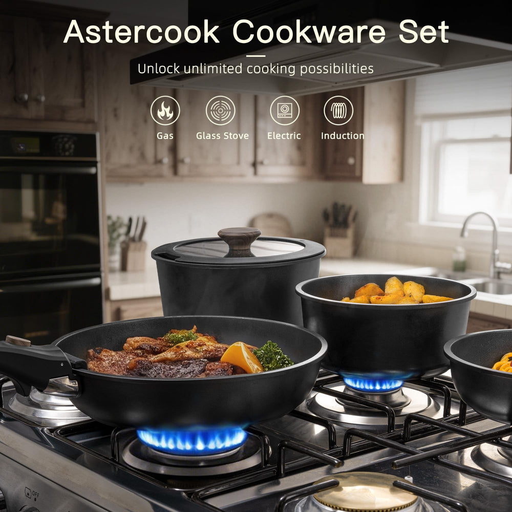 Astercook pan beside fruit showing scale and multi-size set for everyday meals