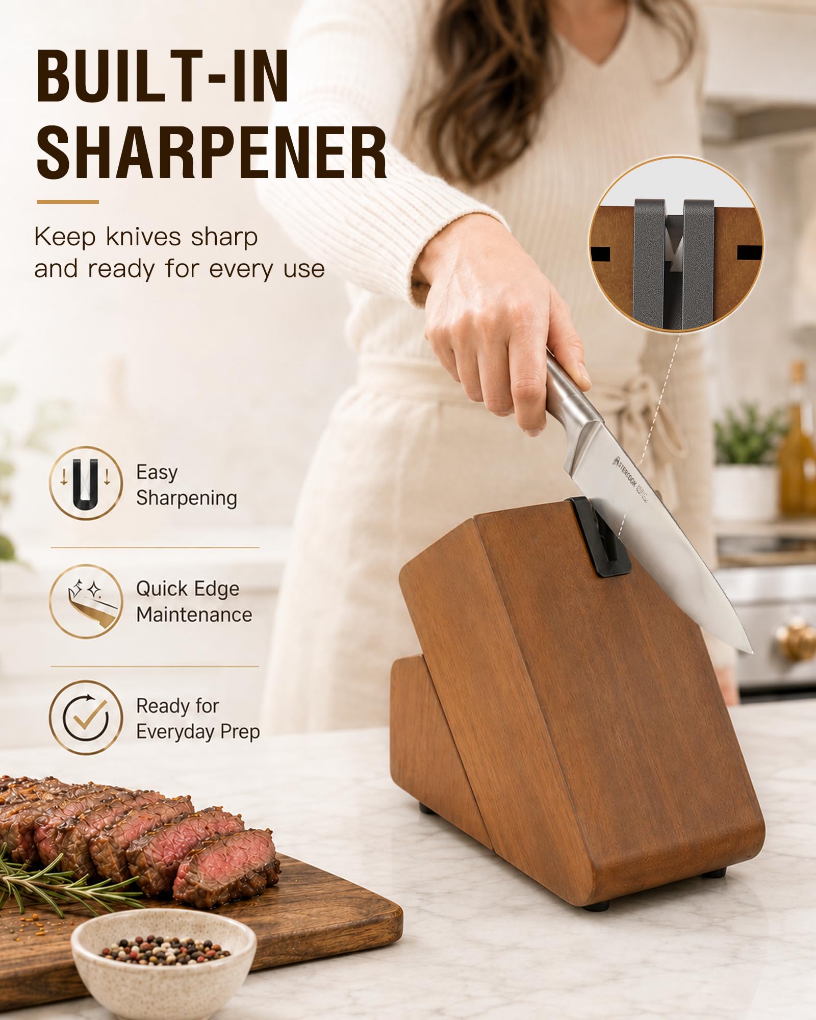 Astercook steak knives on dining table demonstrating neat presentation and easy slicing
