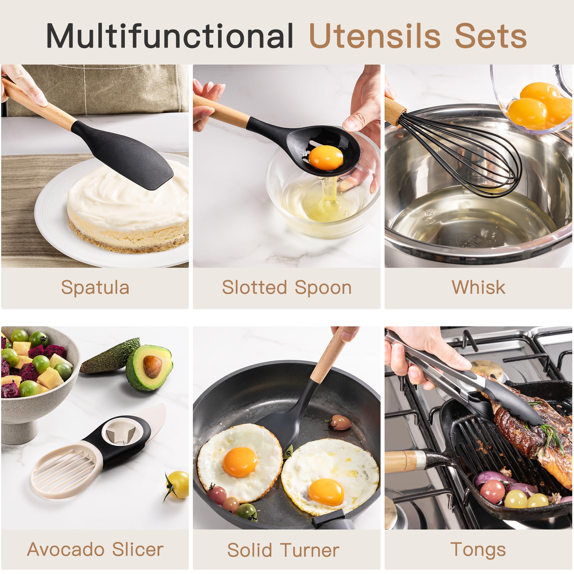 Astercook utensils in ceramic holder showing easy storage and attractive countertop benefit