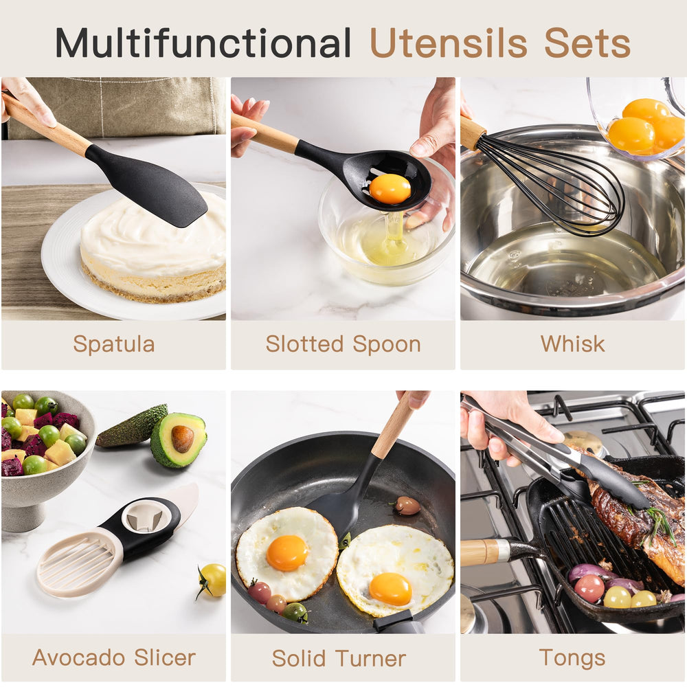 Astercook utensils in ceramic holder showing easy storage and attractive countertop benefit