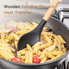 Astercook utensils in use on stove protecting nonstick pan and handling heat benefit