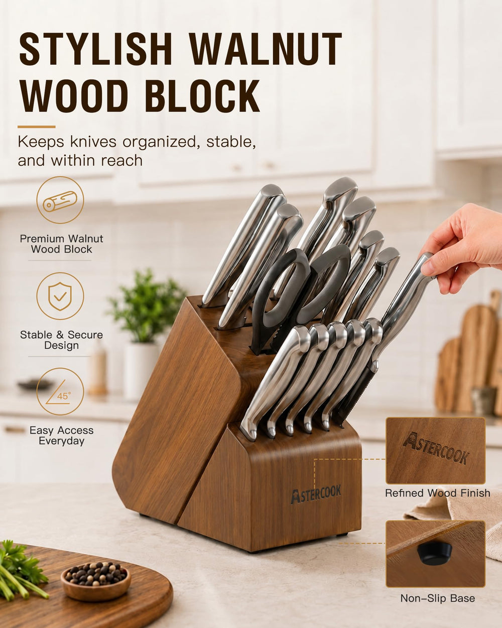 Astercook wooden block detail showing built-in sharpener for on-hand maintenance