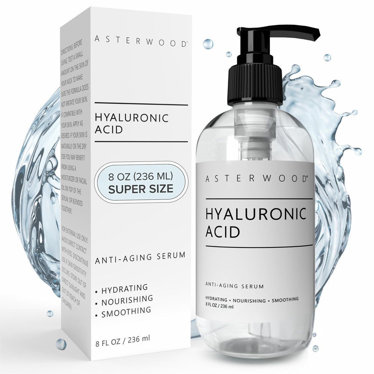 Asterwood front bottle showcasing clean hydrating serum benefits