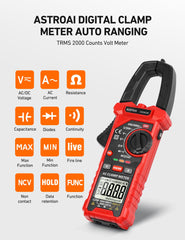 AstroAI clamp jaw close-up highlighting safe non-invasive AC current testing