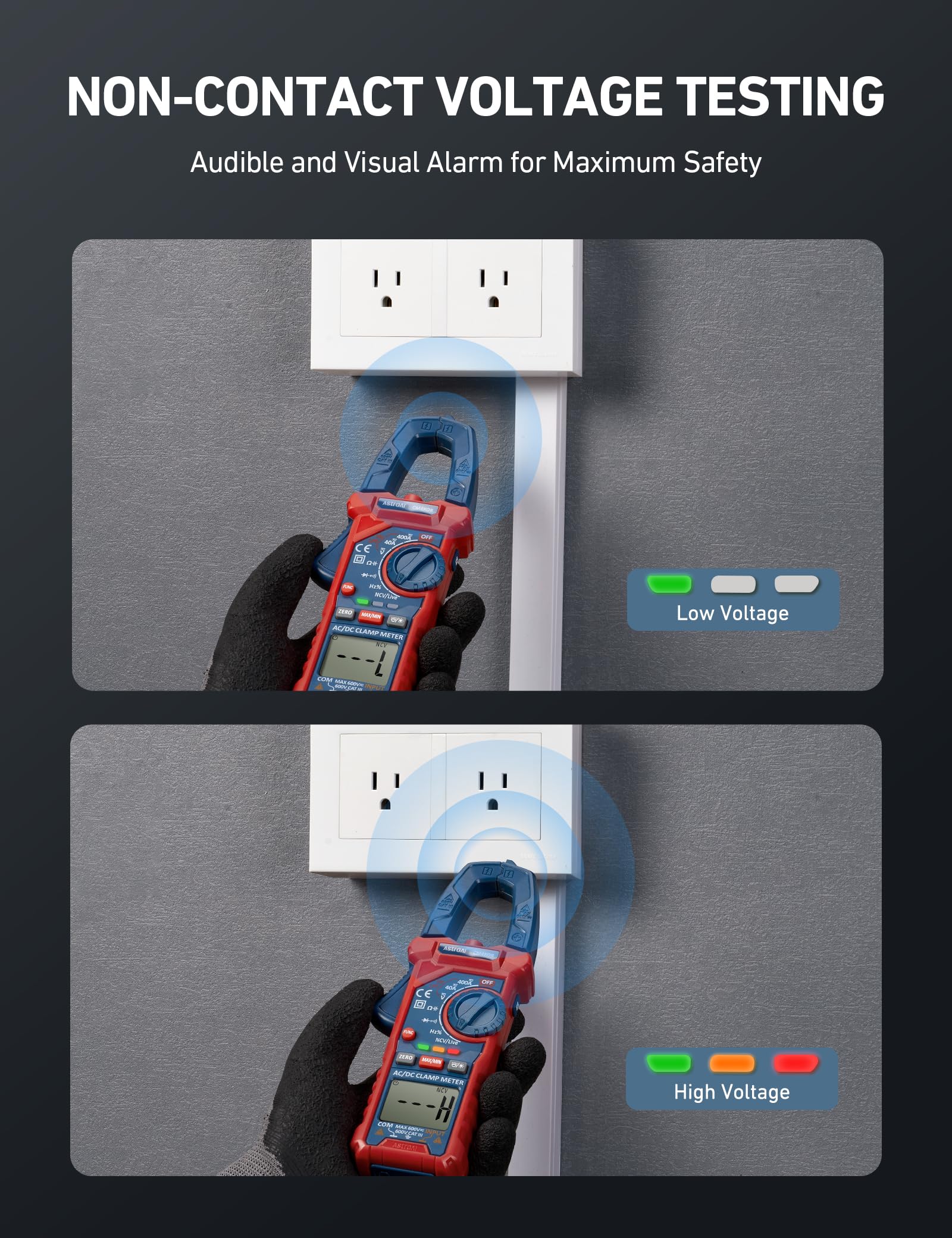 AstroAI clamp meter backlit display showing clear numbers for low-light benefit
