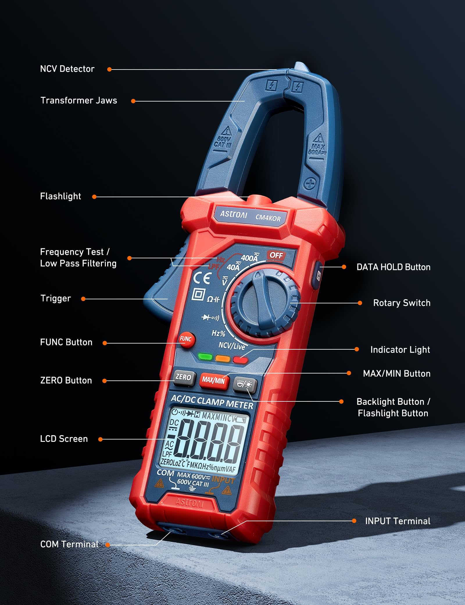 AstroAI clamp meter flashlight illuminated to assist measurements in dark spaces