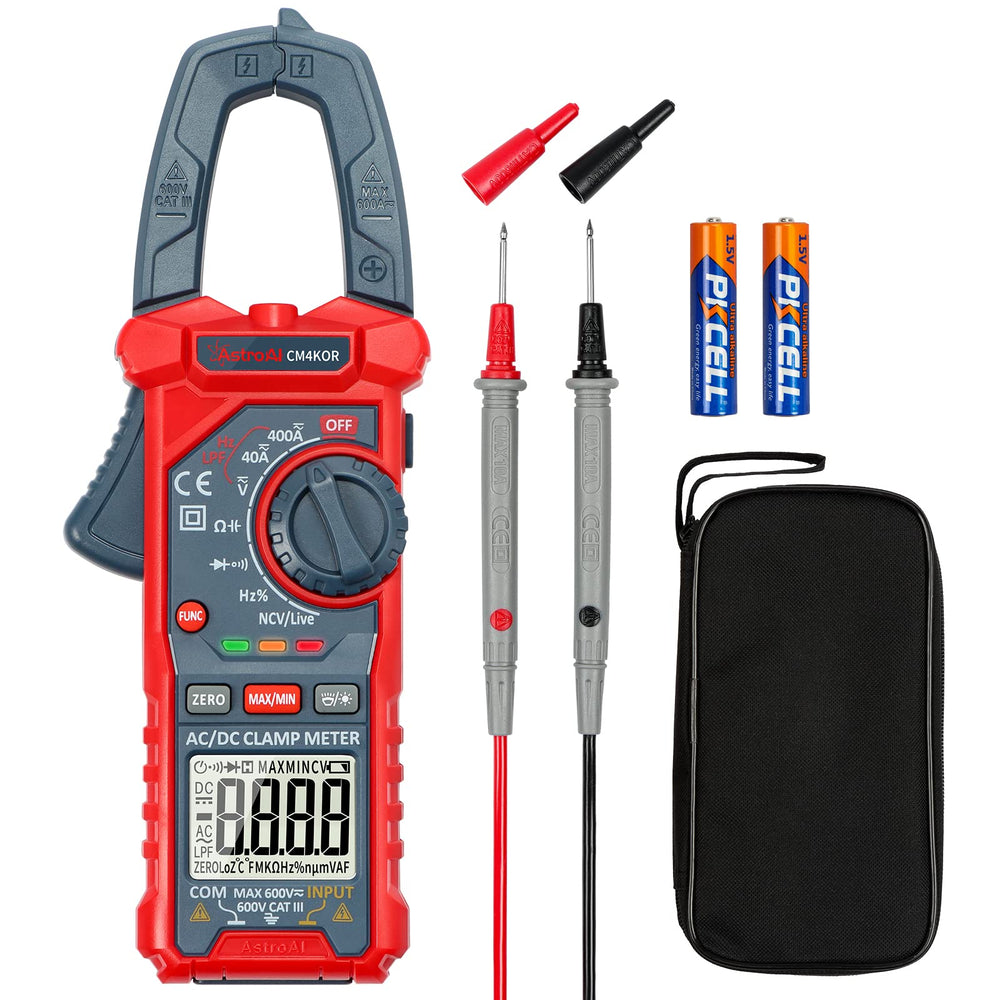 AstroAI clamp meter front view showing dial and buttons for quick readings