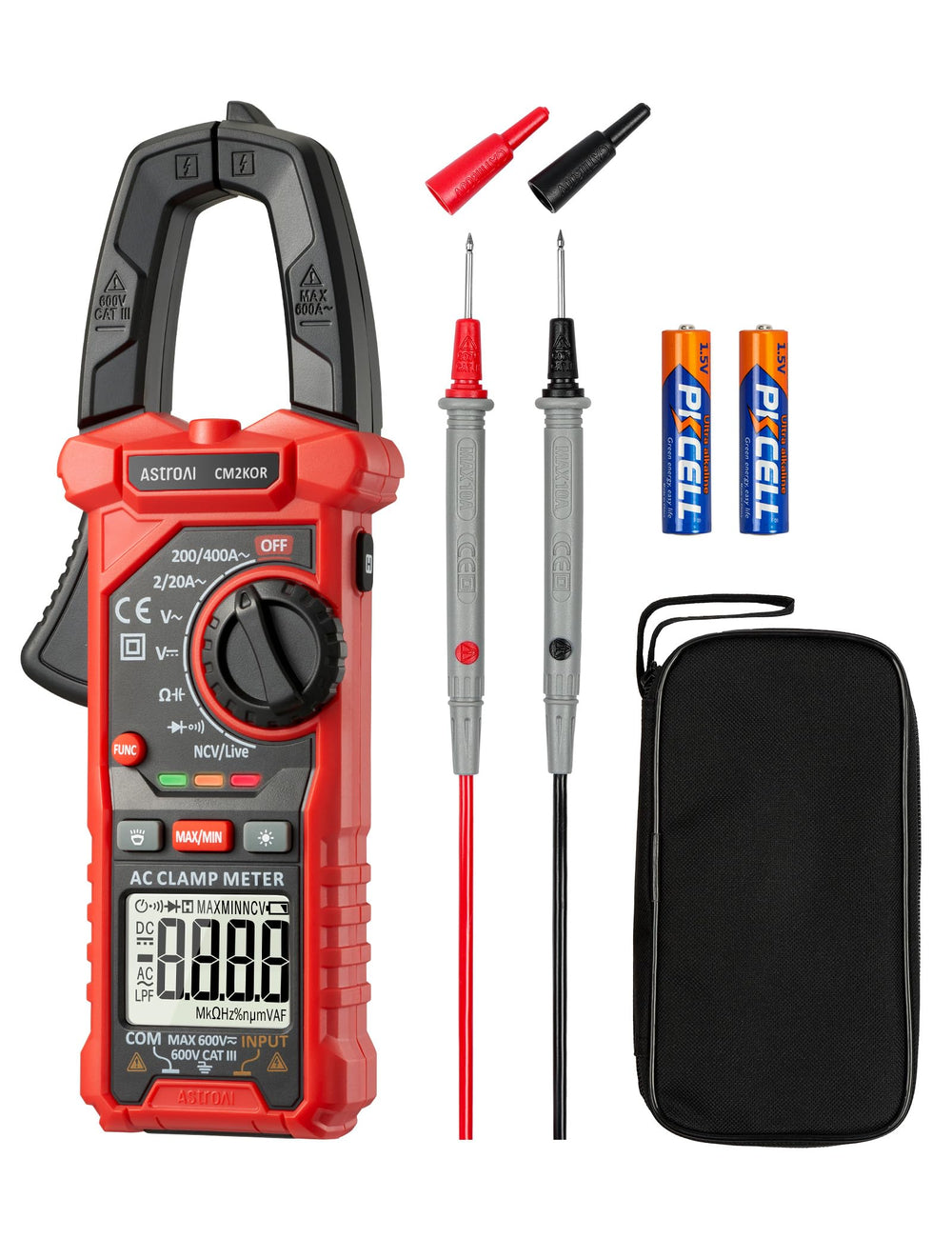 AstroAI clamp meter front view showing controls and clear benefits for fast readings