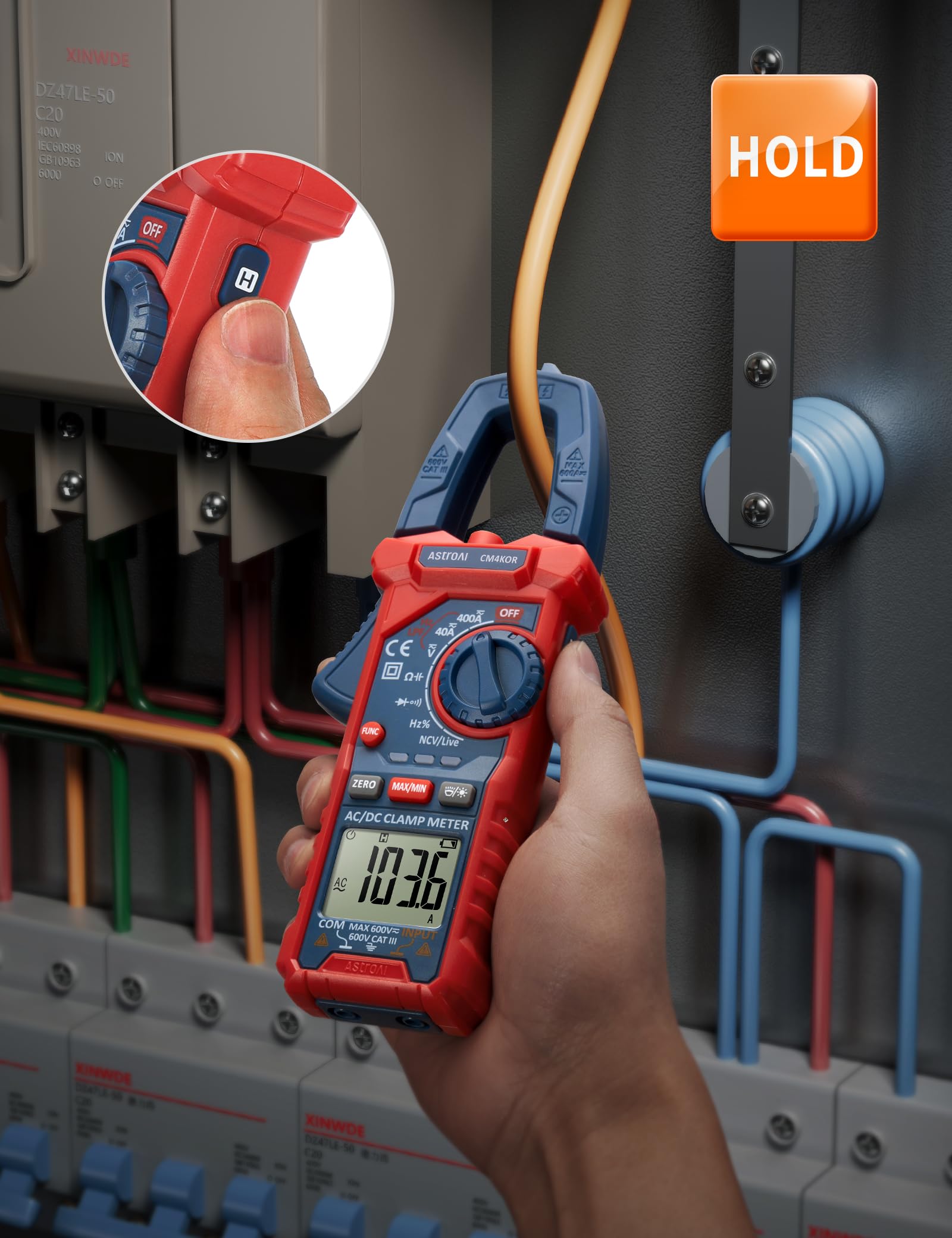 AstroAI clamp meter clamped on a breaker demonstrating on-site troubleshooting benefit