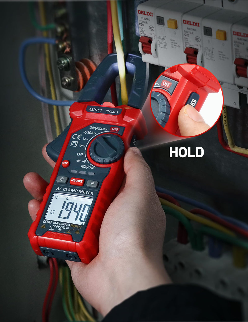AstroAI meter clamped on a single wire demonstrating safe, non-invasive current testing