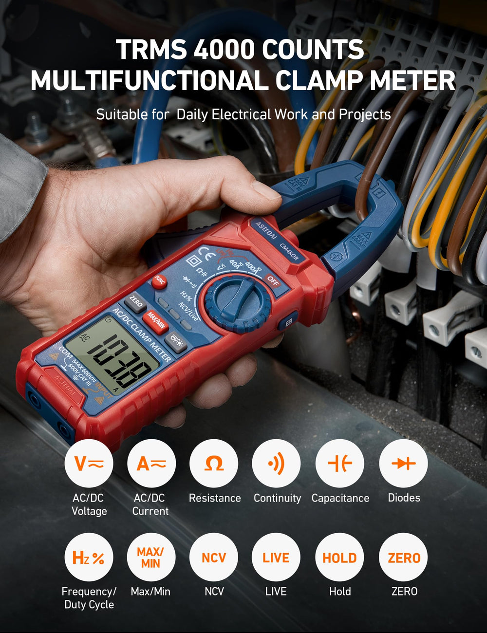AstroAI clamp meter jaw close-up illustrating safe non-contact current checks