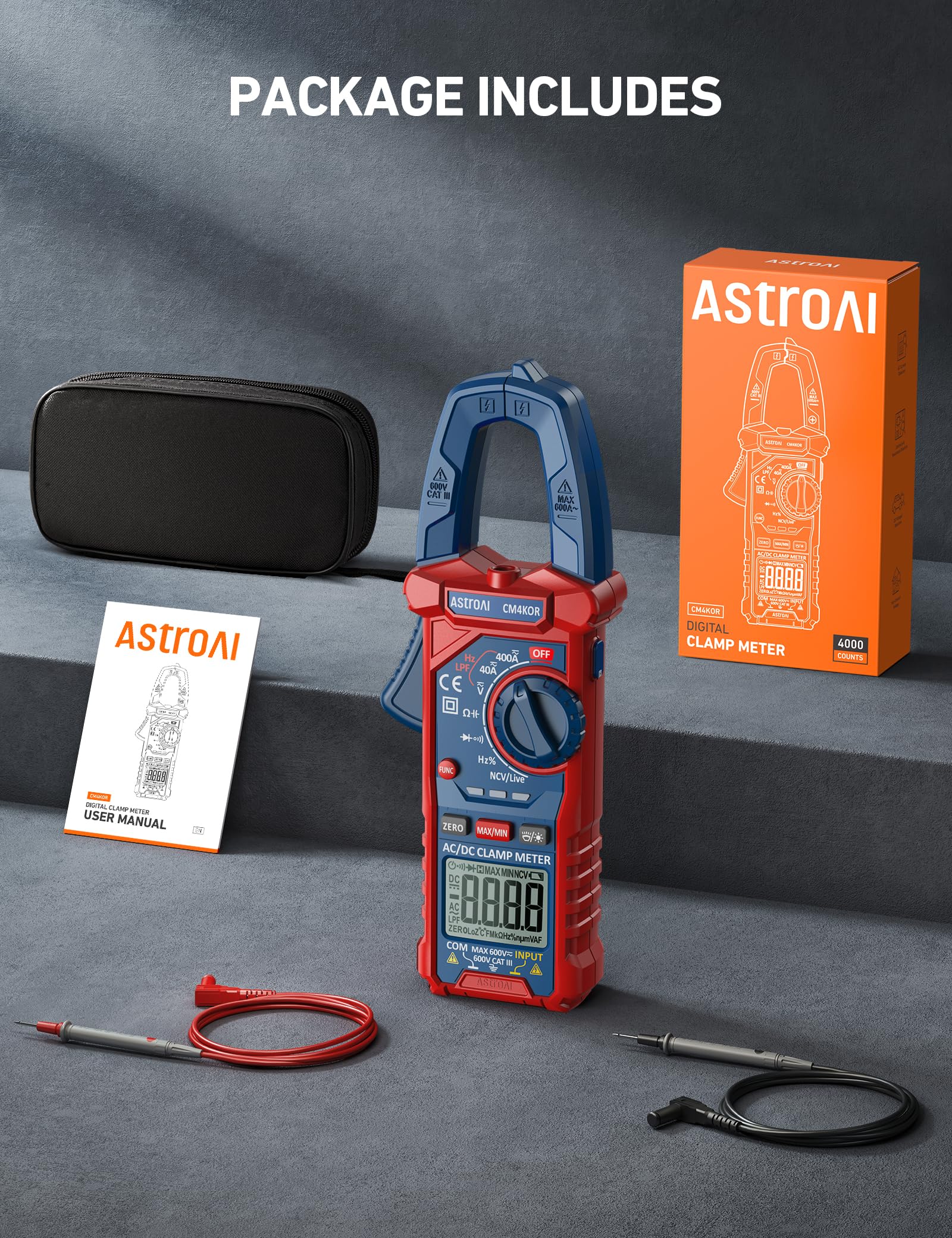 AstroAI clamp meter packaging and manual showing included accessories and instructions