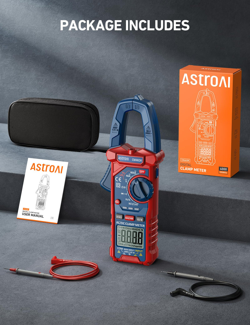 AstroAI clamp meter packaging and manual showing included accessories and instructions