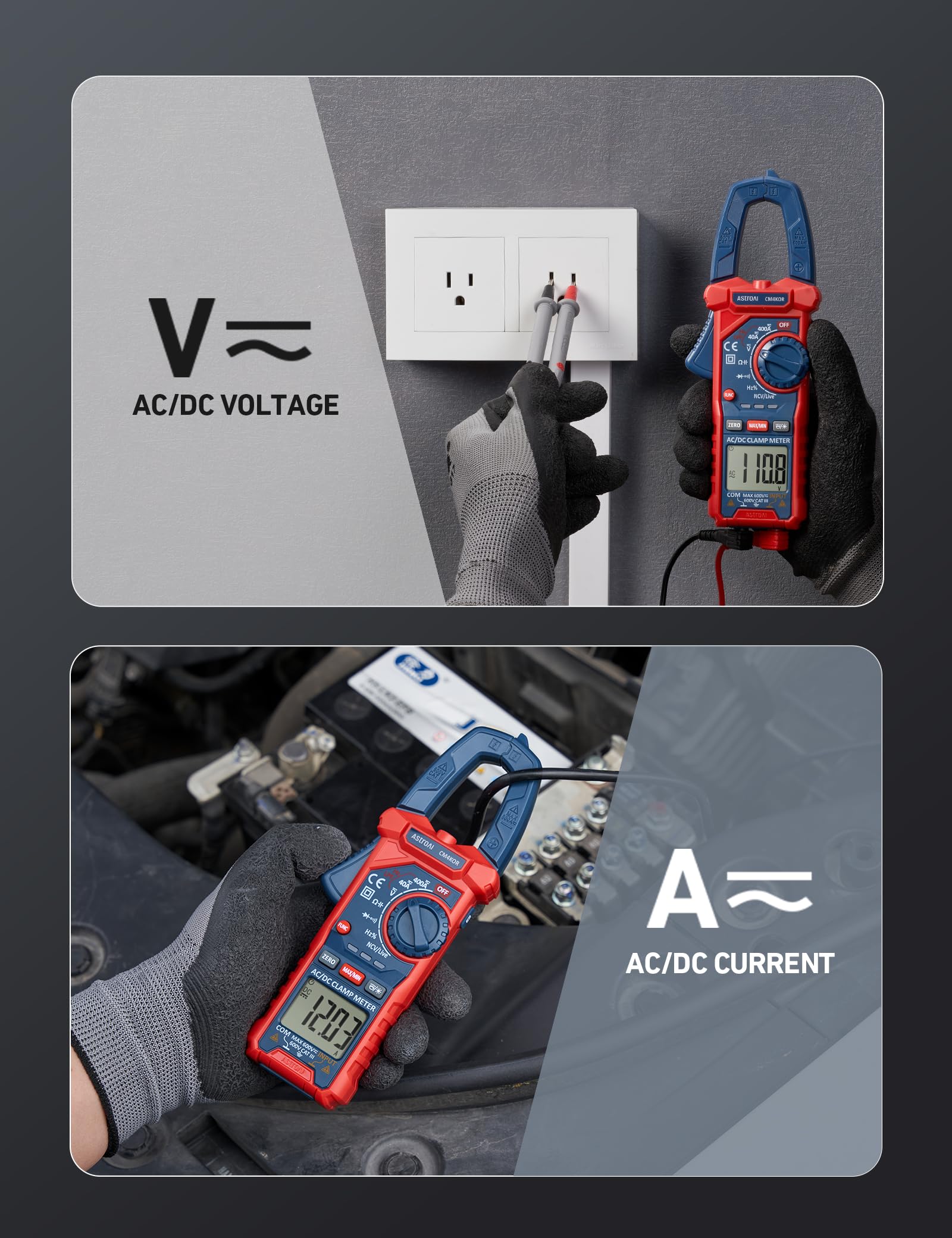 AstroAI clamp meter probes and leads ready for voltage and continuity testing