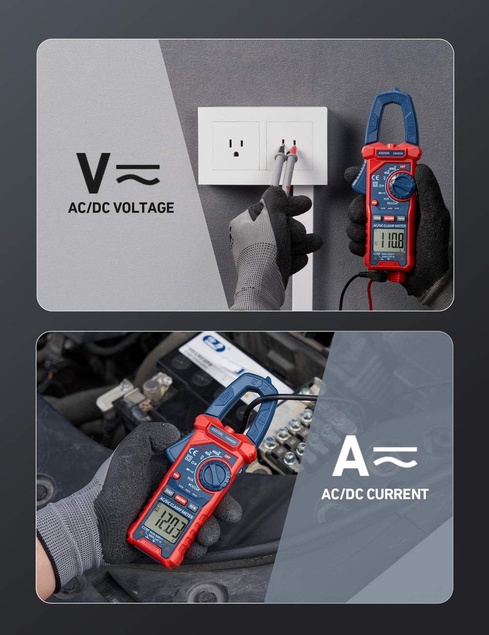 AstroAI clamp meter probes and leads ready for voltage and continuity testing