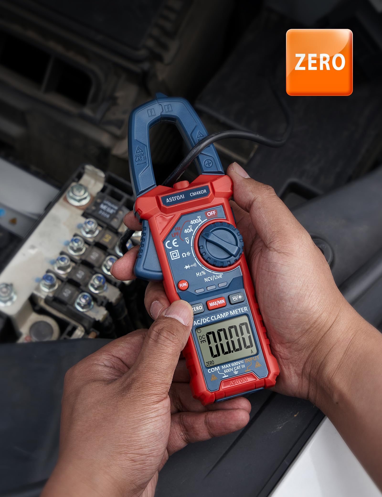 AstroAI clamp meter held in hand to show compact scale and portability advantage