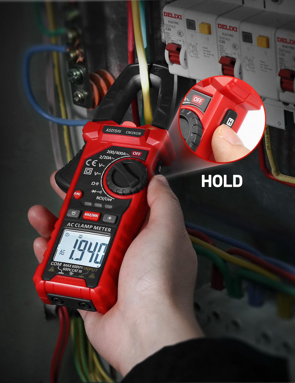 AstroAI flashlight and data hold button visible to improve working convenience
