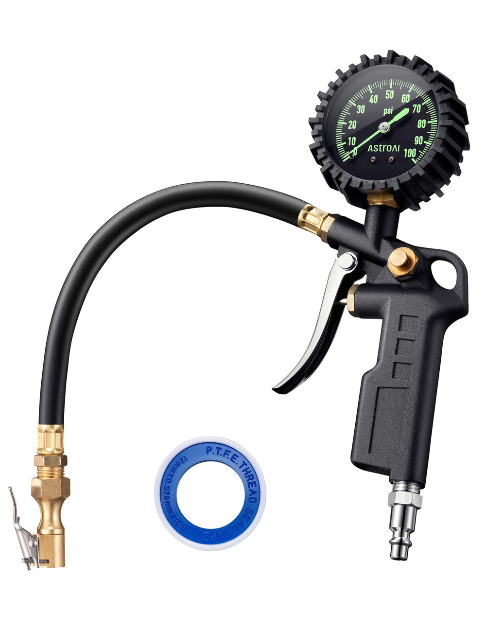 AstroAI front view showing compact inflator and gauge, durable construction benefit