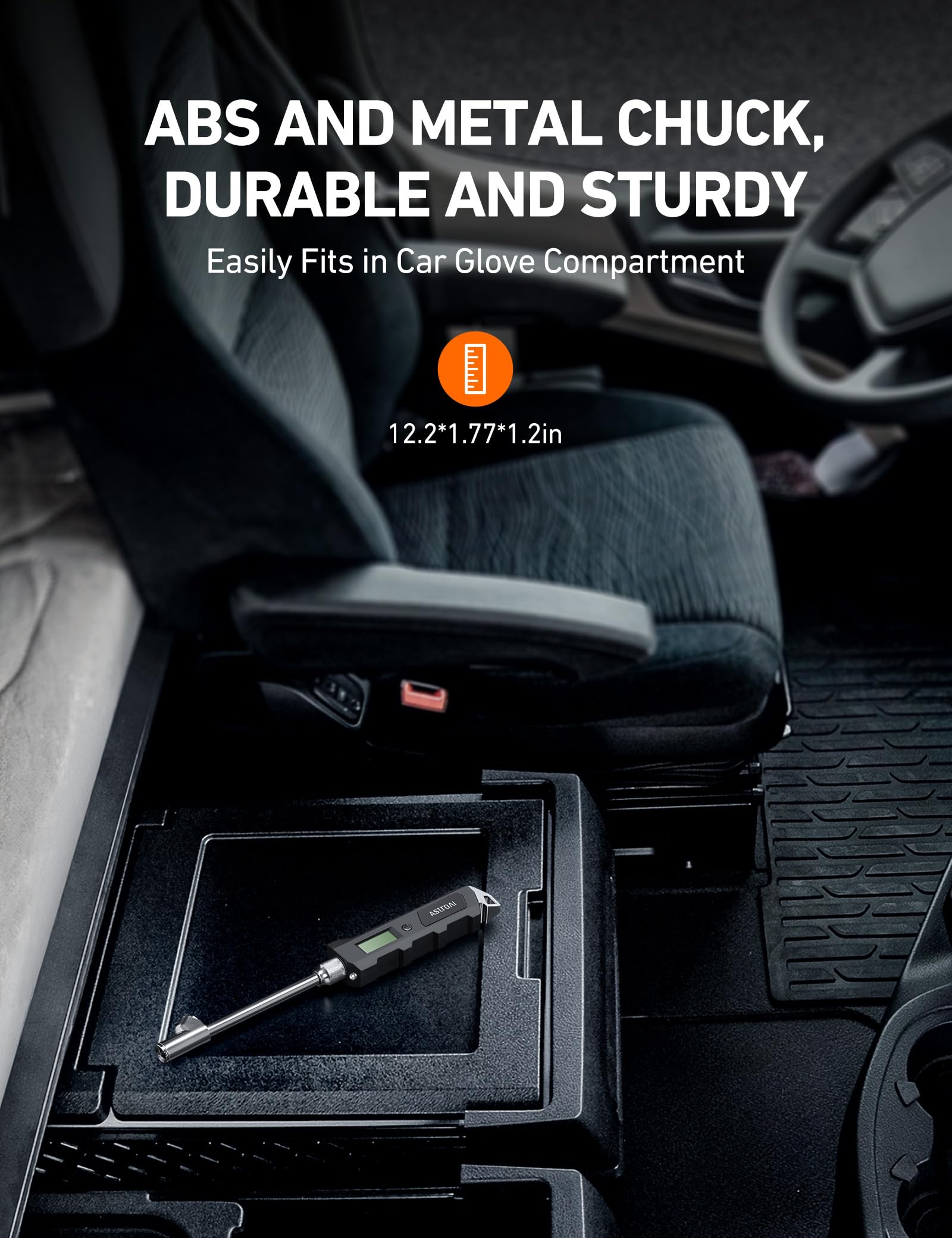 AstroAI gauge in use on a truck tire demonstrating heavy-duty capability