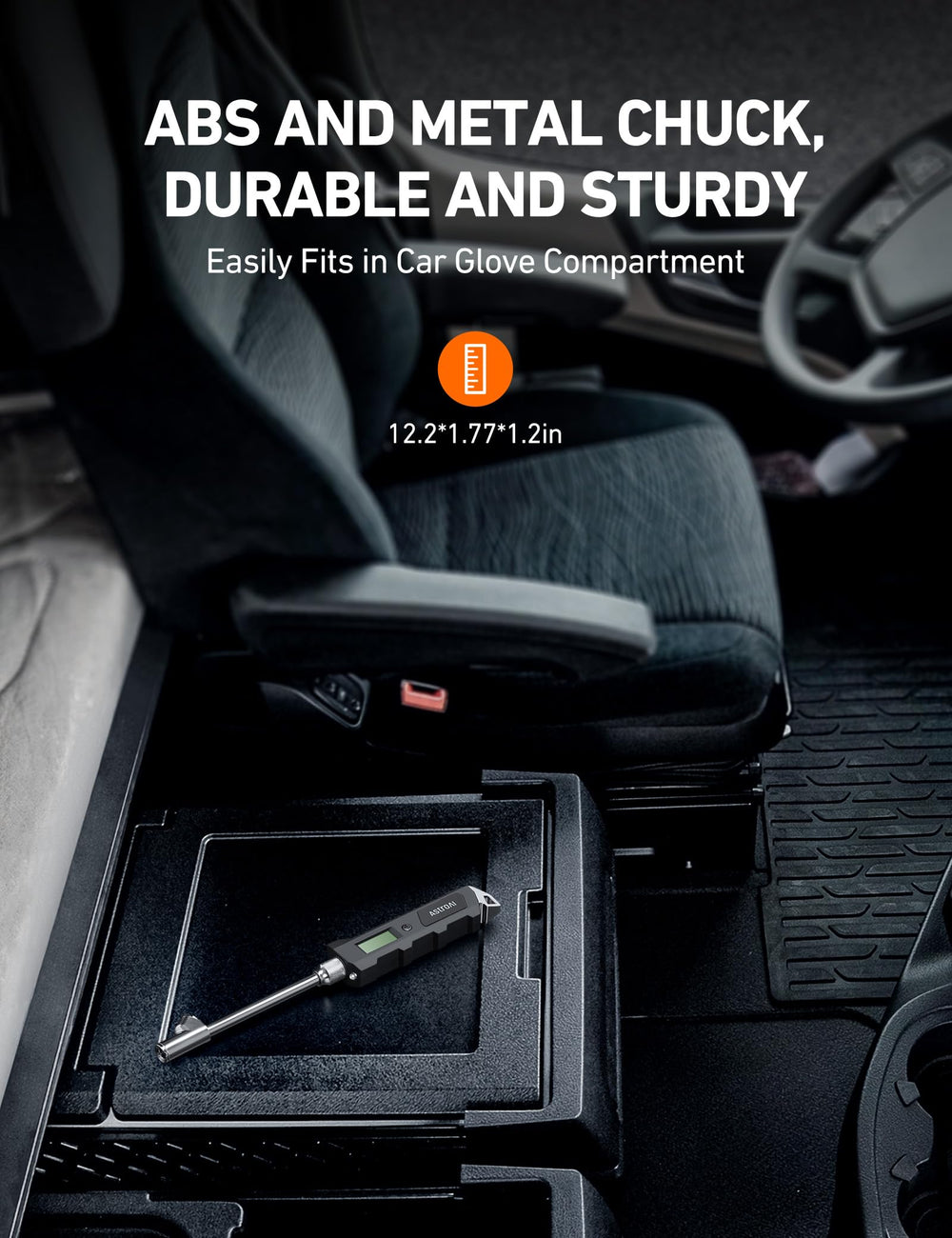 AstroAI gauge in use on a truck tire demonstrating heavy-duty capability