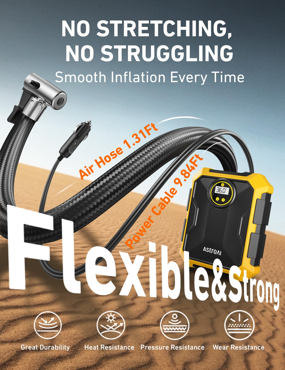 AstroAI inflator attached to car tire demonstrating rapid roadside inflation