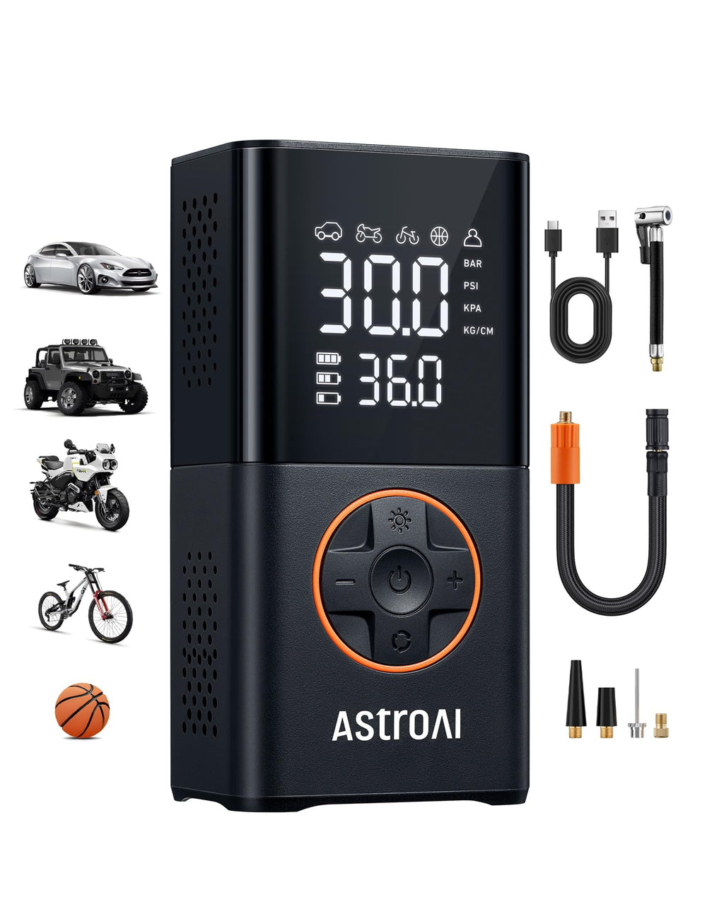 AstroAI L7 front view showing compact orange body and handle, easy storage benefit