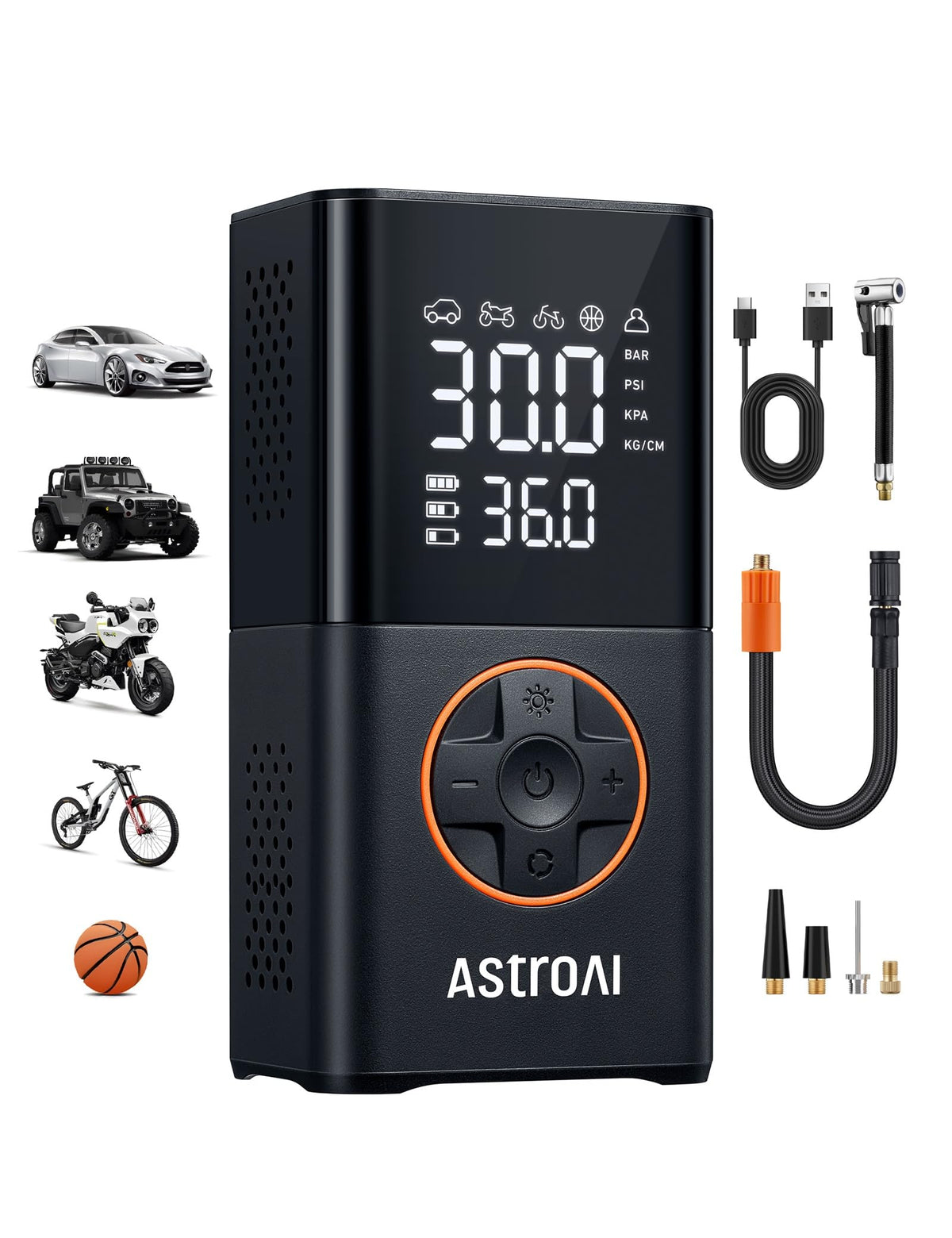 AstroAI L7 front view showing compact orange body and handle, easy storage benefit