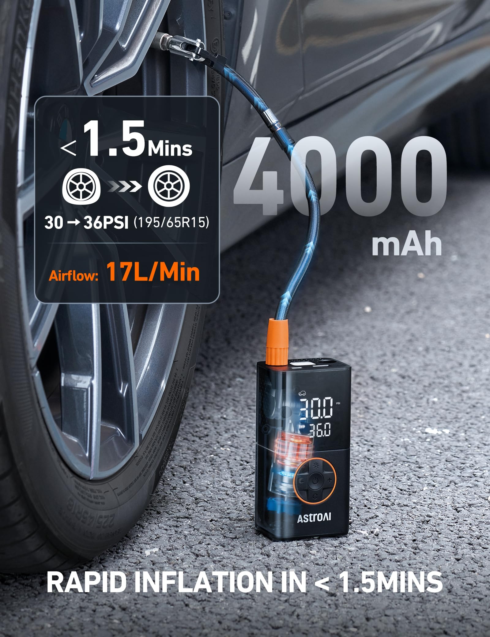 AstroAI L7 inflating a bicycle tire showing fast, precise pressure control