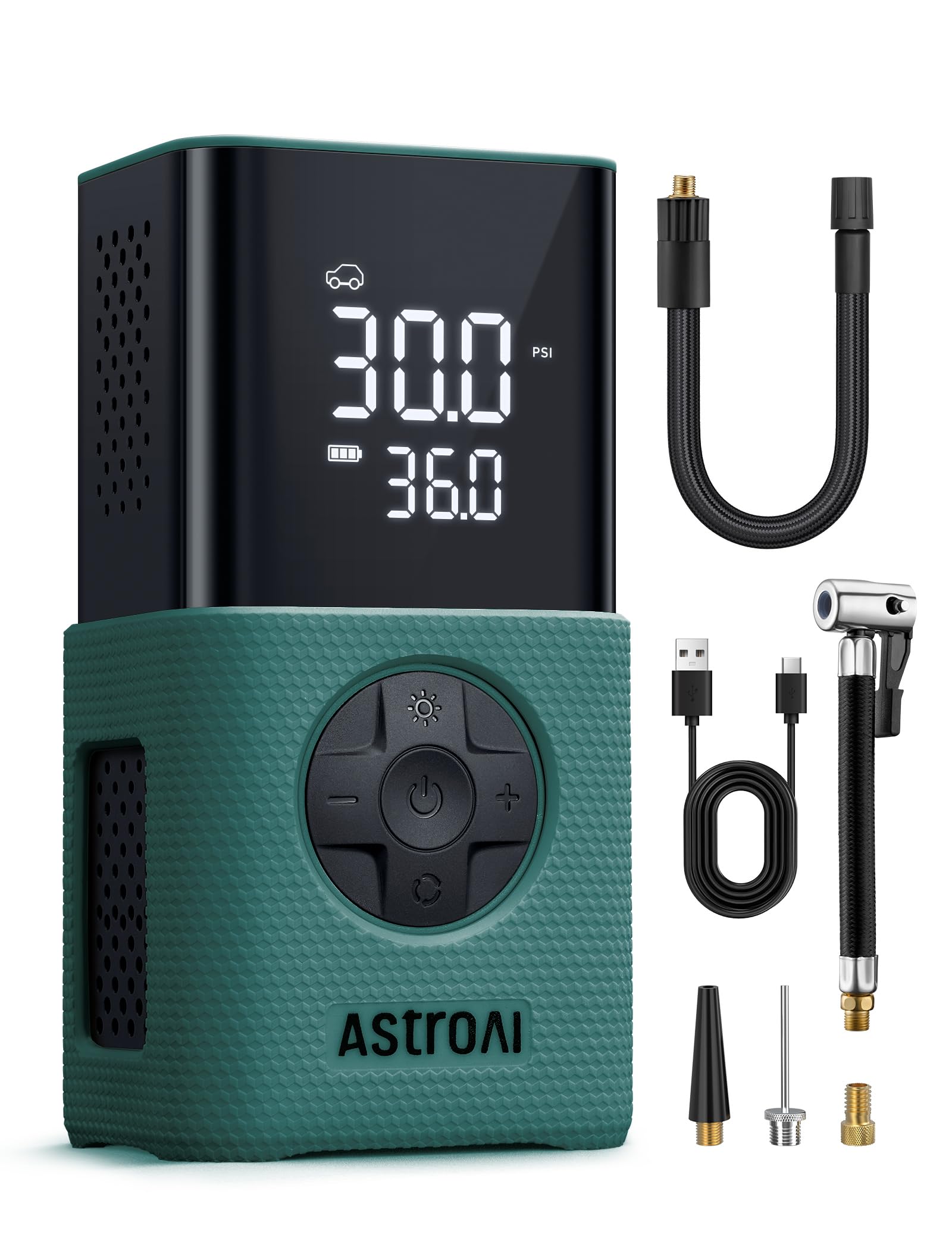 AstroAI L7S front view showing compact portable inflator and gauge for easy transport