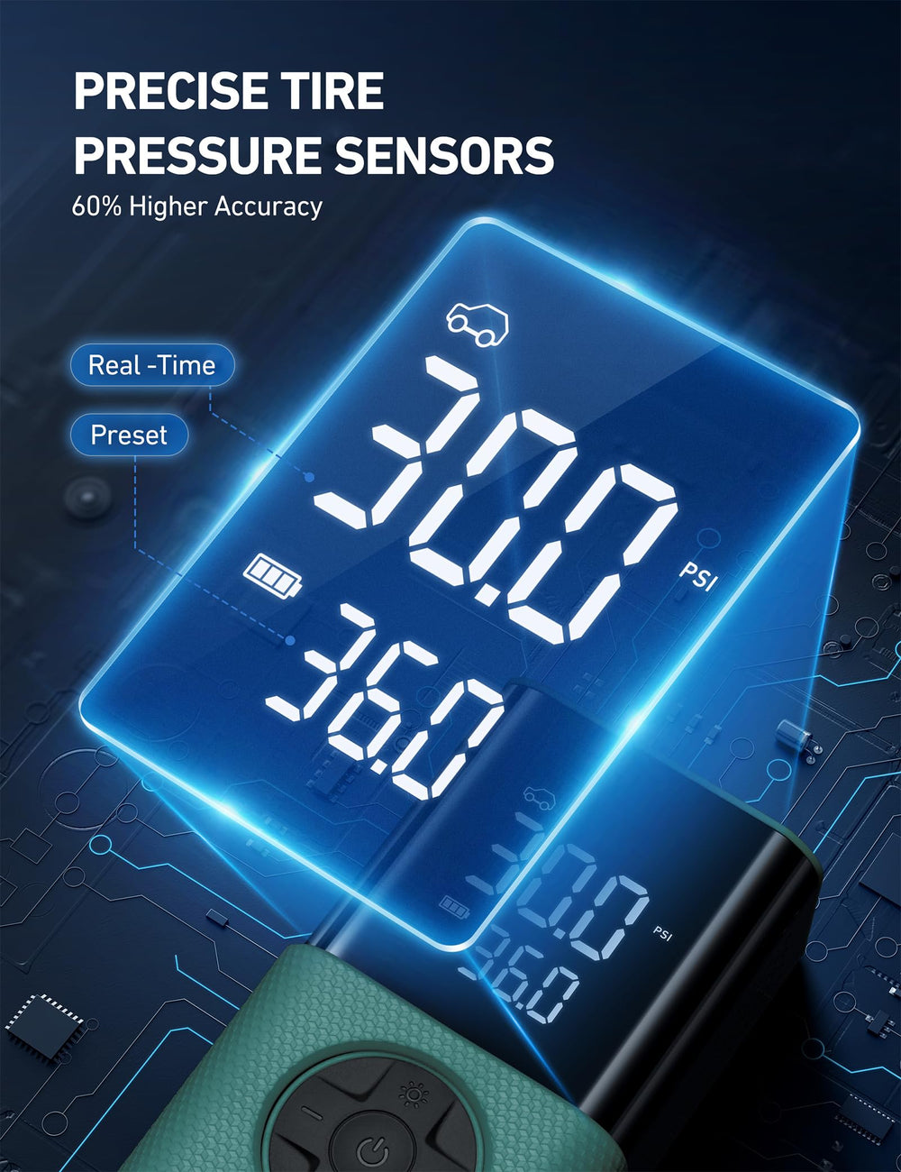 AstroAI L7S inflating a car tire in use offering fast refill and auto shut-off convenience