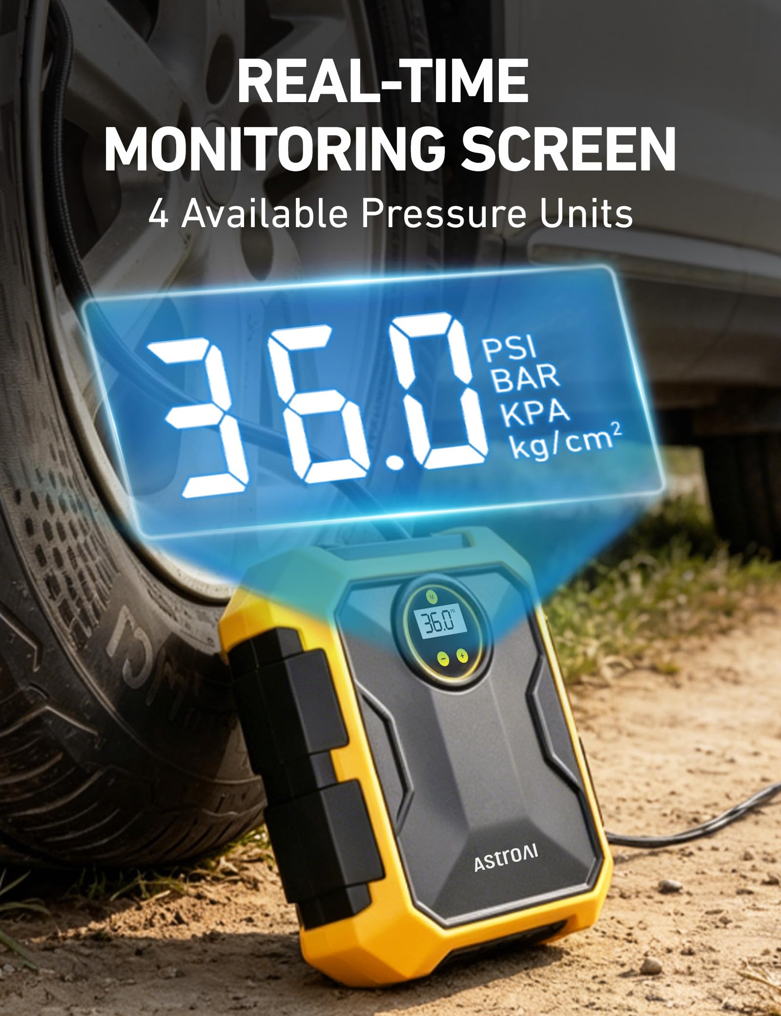 AstroAI long power and inflation cords reaching rear tire for accessible use