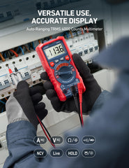 AstroAI non-contact voltage detector close-up with red alert light for safe live-wire checks