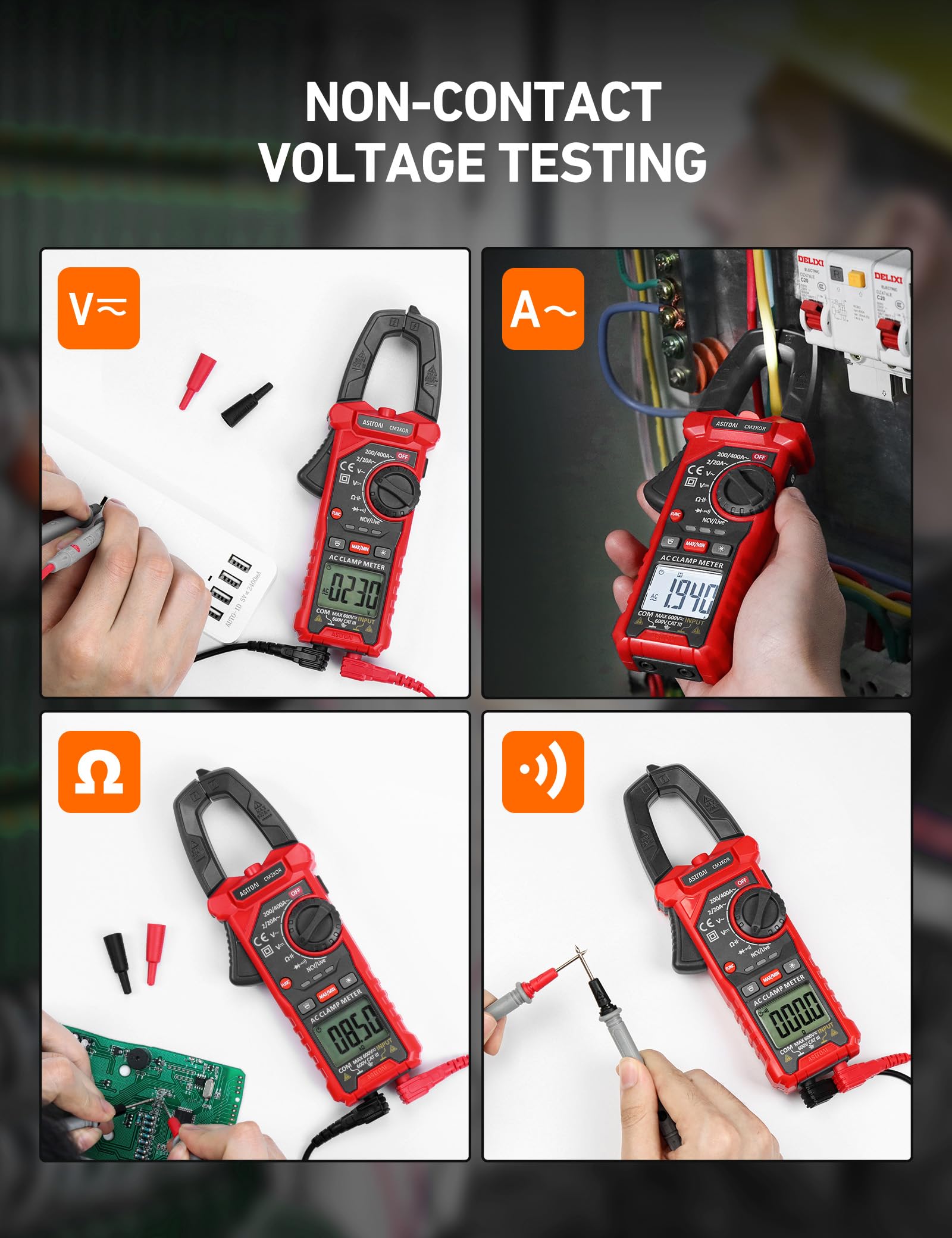 AstroAI NCV sensing indicators glowing to quickly locate live wires safely